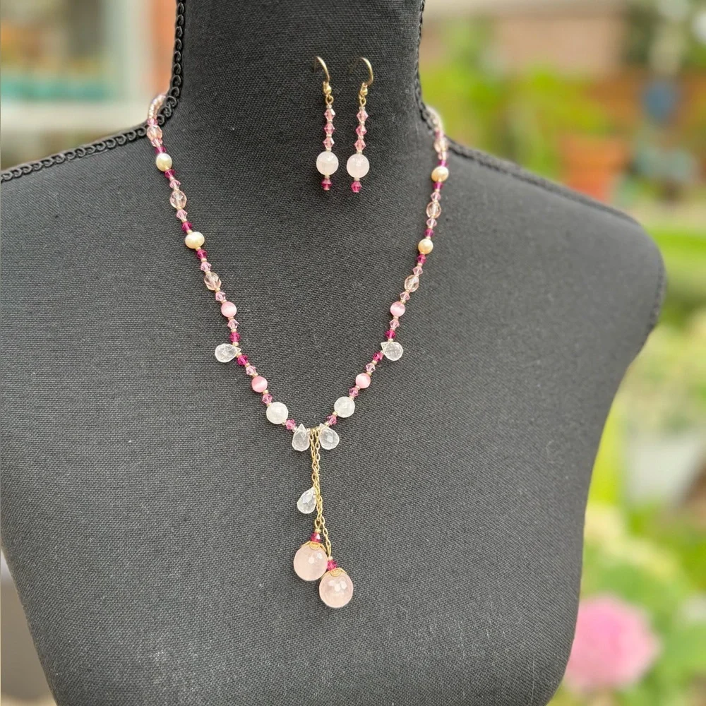 NWOT - Elegant Pink Crystal Necklace and Earring Set - Not Plastic!!!